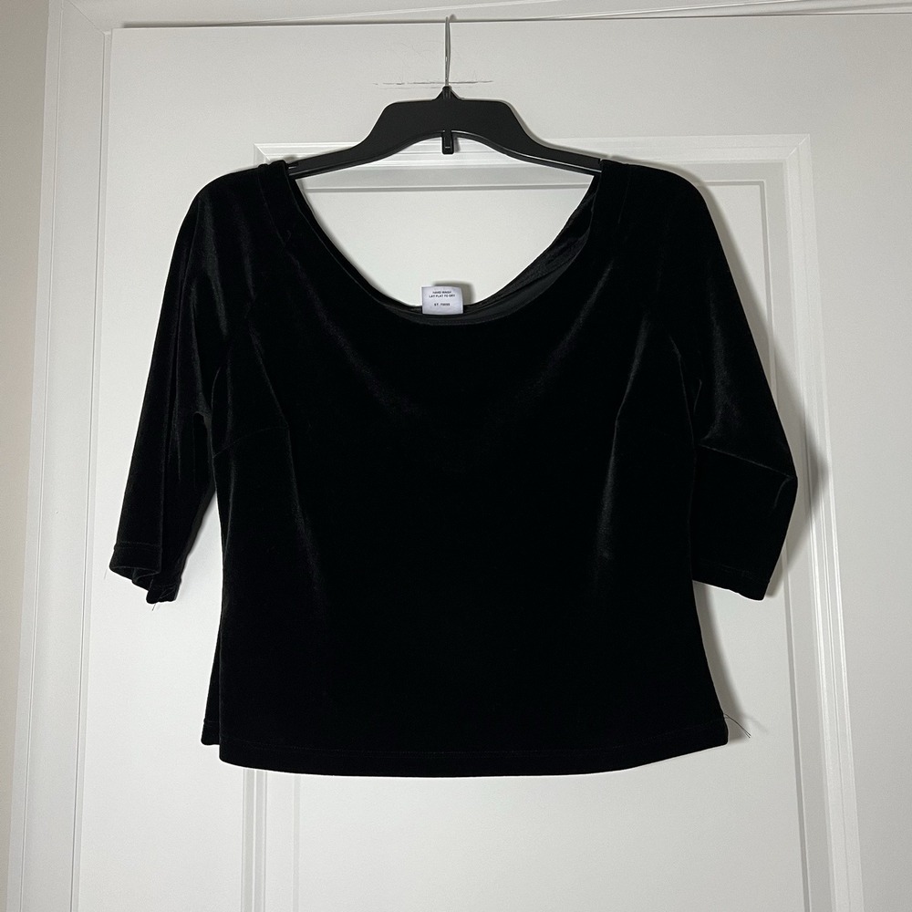 Women's Boston Proper Velvet Black Top Blouse 3/4 Sleeve Stretch Medium